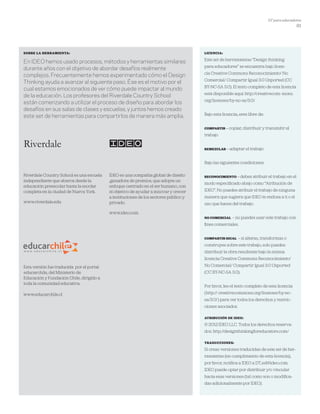 DT para educadores
81
Licencia:
Este set de herramientas “Design thinking
para educadores” se encuentra bajo licen-
cia Creative Commons Reconocimiento/ No
Comercial/ Compartir Igual 3.0 Unported (CC
BY-NC-SA 3.0). El texto completo de esta licencia
está disponible aquí: http://creativecom- mons.
org/licenses/by-nc-sa/3.0/.
Bajo esta licencia, eres libre de:
COMPARTIR — copiar, distribuir y transmitir el
trabajo
REMEZCLAR — adaptar el trabajo
Bajo las siguientes condiciones:
RECONOCIMIENTO — debes atribuir el trabajo en el
modo especificado abajo como “Atribución de
IDEO”. No puedes atribuir el trabajo de ninguna
manera que sugiera que IDEO te endosa a ti o el
uso que haces del trabajo.
NO COMERCIAL  — no puedes usar este trabajo con
fines comerciales.
COMPARTIR IGUAL  — si alteras, transformas o
construyes sobre este trabajo, solo puedes
distribuir la obra resultante bajo la misma
licencia Creative Commons Reconocimiento/
No Comercial/ Compartir Igual 3.0 Unported
(CC BY-NC-SA 3.0).
Por favor, lee el texto completo de esta licencia
(http:// creativecommons.org/licenses/by-nc-
sa/3.0/) para ver todos los derechos y restric-
ciones asociados.
ATRIBUCIÓN DE IDEO:
© 2012 IDEO LLC. Todos los derechos reserva-
dos. http://designthinkingforeducators.com/
TRADUCCIONES:
Si creas versiones traducidas de este set de her-
ramientas (en cumplimiento de esta licencia),
por favor, notifica a IDEO a DT_ed@ideo.com.
IDEO puede optar por distribuir y/o vincular
hacia esas versiones (tal como son o modifica-
das adicionalmente por IDEO).
SOBRE LA HERRAMIENTA:
En IDEO hemos usado procesos, métodos y herramientas similares
durante años con el objetivo de abordar desafíos realmente
complejos. Frecuentemente hemos experimentado cómo el Design
Thinking ayuda a avanzar al siguiente paso. Ése es el motivo por el
cual estamos emocionados de ver cómo puede impactar al mundo
de la educación. Los profesores del Riverdale Country School
están comenzando a utilizar el proceso de diseño para abordar los
desafíos en sus salas de clases y escuelas, y juntos hemos creado
este set de herramientas para compartirlos de manera más amplia.
Riverdale Country School es una escuela
independiente que abarca desde la
educación preescolar hasta la escolar
completa en la ciudad de Nueva York.
www.riverdale.edu
IDEO es una compañía global de diseño
,ganadora de premios, que adopta un
enfoque centrado en el ser humano, con
el objetivo de ayudar a innovar y crecer
a instituciones de los sectores público y
privado.
www.ideo.com
Riverdale
Esta versión fue traducida por el portal
educarchile, del Ministerio de
Educación y Fundación Chile, dirigido a
toda la comunidad educativa.
www.educarchile.cl
 