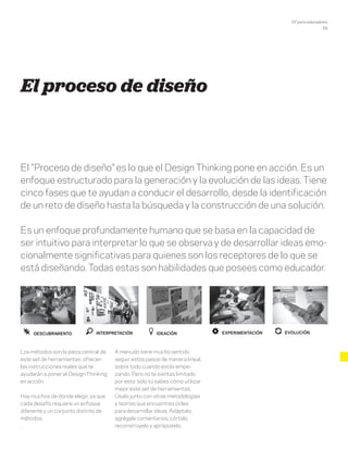 DT para educadores
14
El proceso de diseño
El "Proceso de diseño” es lo que el Design Thinking pone en acción. Es un
enfoque estructurado para la generación y la evolución de las ideas. Tiene
cinco fases que te ayudan a conducir el desarrollo, desde la identificación
de un reto de diseño hasta la búsqueda y la construcción de una solución.
Es un enfoque profundamente humano que se basa en la capacidad de
ser intuitivo para interpretar lo que se observa y de desarrollar ideas emo-
cionalmente significativas para quienes son los receptores de lo que se
está diseñando. Todas estas son habilidades que posees como educador.
Los métodos son la pieza central de
este set de herramientas: ofrecen
las instrucciones reales que te
ayudarán a poner el Design Thinking
en acción.
Hay muchos de donde elegir, ya que
cada desafío requiere un enfoque
diferente y un conjunto distinto de
métodos.
.
A menudo tiene mucho sentido
seguir estos pasos de manera lineal,
sobre todo cuando estás empe-
zando. Pero no te sientas limitado
por esto: solo tú sabes cómo utilizar
mejor este set de herramientas.
Úsalo junto con otras metodologías
y teorías que encuentres útiles
para desarrollar ideas. Adáptalo,
agrégale comentarios, córtalo,
reconstrúyelo y aprópiatelo.
Descubrimiento IdeaciónInterpretación Experimentación Evolución
 