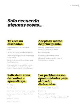 DT para educadores
16
Solo recuerda
algunas cosas…
Tú eres un
diseñador.
Sé más intencionado en tu proceso de
diseño.
Ten confianza en tus capacidades creativas.
Sé estratégico sobre lo que necesita atención
en primer lugar.
Escucha a tus grupos de interés y anímate a
diseñar para ellos.
Es tu oportunidad y responsabilidad, impactar
en las vidas de tus estudiantes y ser parte del
cambio y el crecimiento del sistema educativo.
Acepta tu mente
de principiante.
Enfoca los problemas como un novato,
incluso si ya sabes mucho de ellos.
Permítete aprender.
Mantente dispuesto a experimentar.
Está bien no tener la respuesta "correcta".
Confía en que encontrarás.
Los problemas son
oportunidades para
el diseño
disfrazadas
Ten una mentalidad de abundancia.
Sé optimista.
Cree que el futuro será mejor.
Comienza con "¿y si…?", en lugar de "¿qué está mal?”
Salir de tu zona
de confort =
aprendizaje.
Sal del atasco.
Rompe tu rutina.
Usa el mundo de afuera del aula para nutrir tu trabajo.
La inspiración en situaciones análogas es tu mejor
amiga.
Deja tu sala de clases.
Colabora con los demás.
 