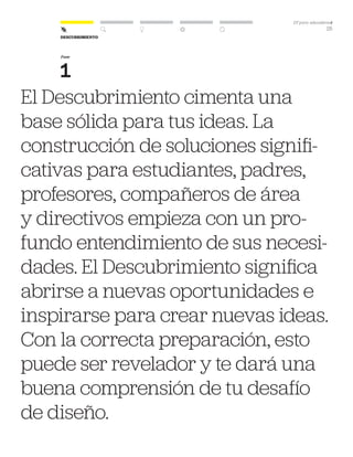 DT para educadorest
25
El Descubrimiento cimenta una
base sólida para tus ideas. La
construcción de soluciones signifi-
cativas para estudiantes, padres,
profesores, compañeros de área
y directivos empieza con un pro-
fundo entendimiento de sus necesi-
dades. El Descubrimiento significa
abrirse a nuevas oportunidades e
inspirarse para crear nuevas ideas.
Con la correcta preparación, esto
puede ser revelador y te dará una
buena comprensión de tu desafío
de diseño.
Fase
1
Descubrimiento
 
