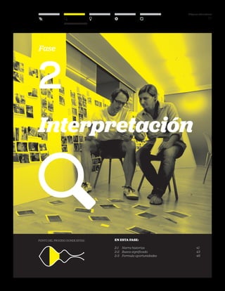 DT para educadores
38
Interpretación
PUNTO del proceso donde estás: en esta fase:
2-1 	 Narra historias	 41
2-2 	 Busca significado	 43
2-3	 Formula oportunidades	 46
Interpretación
Fase
2
 