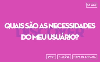 DISCOVER
inspiração
etnográfica
conversa em profundidade
observação participanteshadowing
persona painel do usuário sondagem cultural
uso dos serviçosbenchmarking shadowing
cenários, atores e regras
netnografia
 
