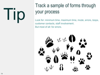 Track a sample of forms through
your process
Look for: minimum time, maximum time, mode, errors, loops,
customer contacts, staff involvement.
But most of all: for errors.
14
 