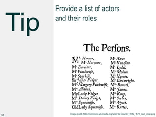 Provide a list of actors
and their roles
33 Image credit: http://commons.wikimedia.org/wiki/File:Country_Wife_1675_cast_crop.png
 