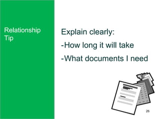 Relationship
Tip
Explain clearly:
-How long it will take
-What documents I need
Relationship
Tip
26
 