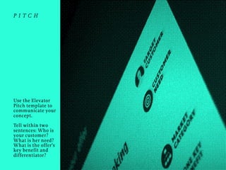 pitch

Use the Elevator
Pitch template to
communicate your
concept.
Tell within two
sentences: Who is
your customer?
What is her need?
What is the offer’s
key benefit and
differentiator?

 