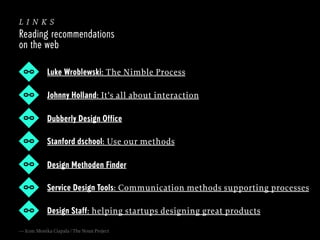 links
Reading recommendations
on the web
Luke Wroblewski: The Nimble Process
Johnny Holland: It’s all about interaction
Dubberly Design Office
Stanford dschool: Use our methods
Design Methoden Finder
Service Design Tools: Communication methods supporting processes
Design Staff: helping startups designing great products
— Icon: Monika Ciapala / The Noun Project

 