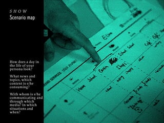 show
Scenario map

How does a day in
the life of your
persona look?
What news and
topics, which
content is s/he
consuming?
With whom is s/he
communicating and
through which
media? In which
situations and
when?

 