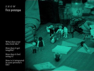 show
First prototype

What does your
idea look like?
How does it get
tangible?
How does it feel
using it?
How is it integrated
in your persona’s
life?

 