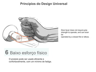Princípios do Design Universal 
6 Baixo esforço físico 
O produto pode ser usado eficiente e confortavelmente, com um mínimo de fadiga. 
Door lever does not require grip 
strength to operate, and can even be 
operated by a closed fist or elbow.  