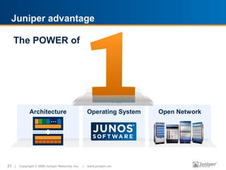 Juniper advantage

   The POWER of




             Architecture                      Operating System   Open Network
                          •••




21 | Copyright © 2009 Juniper Networks, Inc. | www.juniper.net
 
