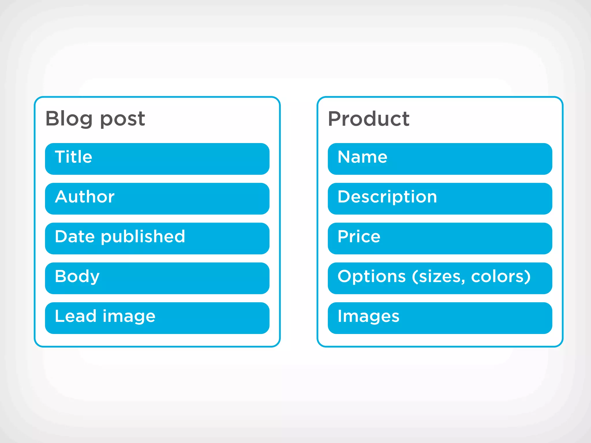 Blog post        Product
Title            Name

Author           Description

Date published   Price

Body             Options (sizes, colors)

Lead image       Images
 