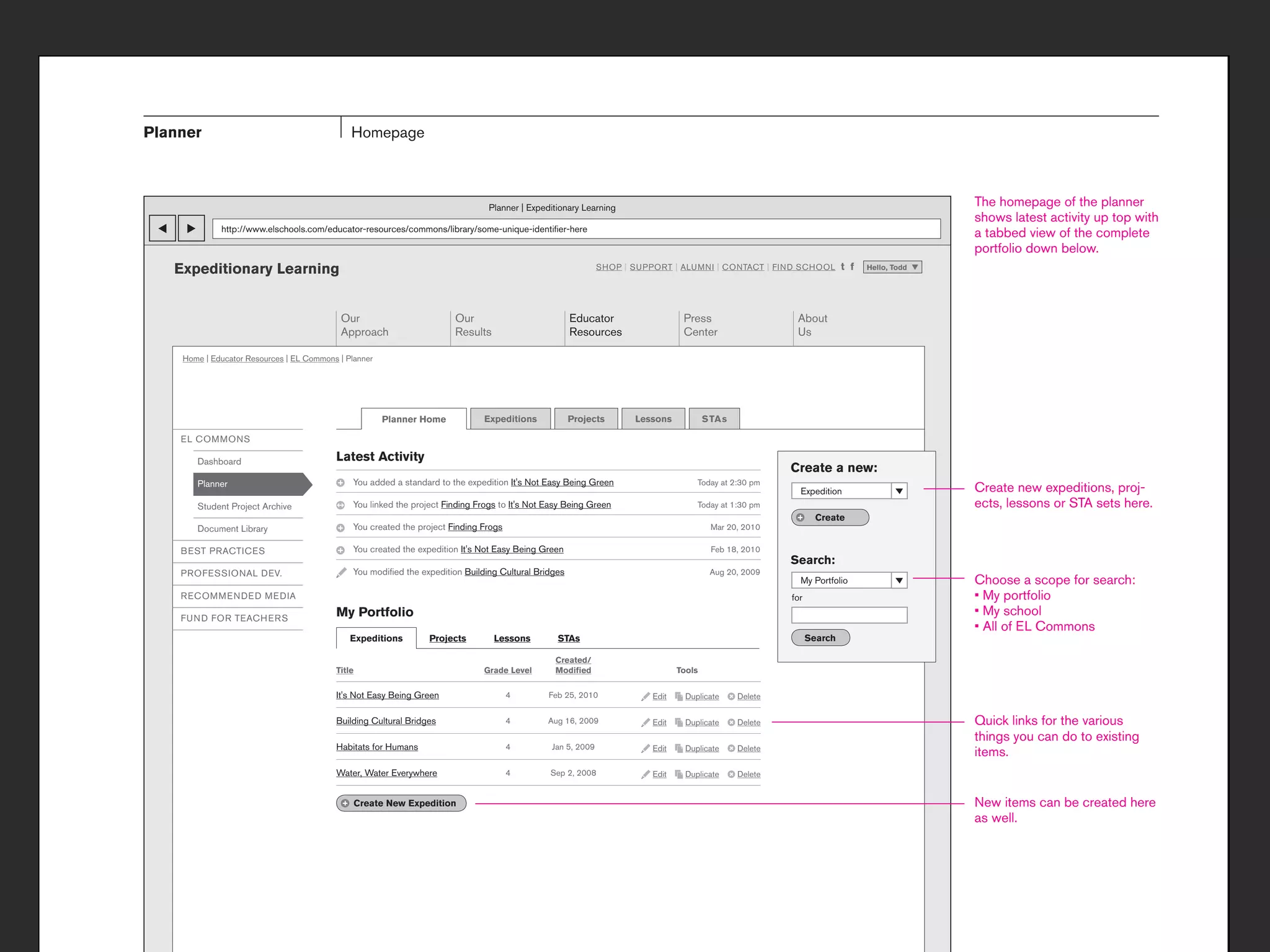 Planner                                       Homepage



                                                                                 Planner | Expeditionary Learning
                                                                                                                                                                                              The homepage of the planner
                                                                                                                                                                                              shows latest activity up top with
             http://www.elschools.com/educator-resources/commons/library/some-unique-identiﬁer-here                                                                                                                   http://www.elschools.com/educator-reso
                                                                                                                                                                                              a tabbed view of the complete
                                                                                                                                                                                              portfolio down below.
   Expeditionary Learning                                                                                      SHOP | SUPPORT | ALUMNI | CONTACT | FIND SCHOOL            t f   Hello, Todd                     Expeditionary Learning


                                           Our                          Our                           Educator                    Press                     About                                                                                       Our
                                           Approach                     Results                       Resources                   Center                    Us                                                                                          Approach

    Home | Educator Resources | EL Commons | Planner                                                                                                                                                             Home | Educator Resources | EL Commons | Planner




                                                       Planner Home             Expeditions           Projects        Lessons            S TA s                                                                                                                     P

    EL COMMONS                                                                                                                                                                                                   EL COMMONS

       Dashboard                          Latest Activity                                                                                                                                                           Dashboard                          Latest A
                                                                                                                                                           Create a new:
       Planner                                 You added a standard to the expedition It's Not Easy Being Green                       Today at 2:30 pm                                                           Planner                                    You add
                                                                                                                                                             Expedition                       Create new expeditions, proj-
       Student Project Archive                 You linked the project Finding Frogs to It's Not Easy Being Green                      Today at 1:30 pm                                        ects, lessons or STA setsProject Archive
                                                                                                                                                                                                                 Student here.                              You linke
                                                                                                                                                                   Create
       Document Library                        You created the project Finding Frogs                                                       Mar 20, 2010                                                             Document Library                        You crea

    BEST PRACTICES                             You created the expedition It's Not Easy Being Green                                        Feb 18, 2010                                                          BEST PRACTICES                             You crea
                                                                                                                                                           Search:
    PROFESSIONAL DEV.                          You modiﬁed the expedition Building Cultural Bridges                                       Aug 20, 2009                                                           PROFESSIONAL DEV.                          You mod
                                                                                                                                                             My Portfolio                     Choose a scope for search:
    RECOMMENDED MEDIA                                                                                                                                      for                                                   RECOMMENDED MEDIA

    FUND FOR TEACHERS
                                          My Portfolio                                                                                                                                                           FUND FOR TEACHERS
                                                                                                                                                                                                                                                       My Port
                                              Expeditions         Projects        Lessons         STAs                                                           Search                                                                                    Expedit

                                                                                                 Created/
                                          Title                                 Grade Level      Modiﬁed                         Tools                                                                                                                 Title

                                          It's Not Easy Being Green                    4        Feb 25, 2010              Edit     Duplicate      Delete                                                                                               Finding Frog

                                          Building Cultural Bridges                    4        Aug 16, 2009              Edit     Duplicate      Delete                                      Quick links for the various                              World Capit
                                                                                                                                                                                              things you can do to existing
                                          Habitats for Humans                          4         Jan 5, 2009              Edit     Duplicate      Delete
                                                                                                                                                                                              items.                                                           Create

                                          Water, Water Everywhere                      4        Sep 2, 2008               Edit     Duplicate      Delete


                                                  Create New Expedition                                                                                                                       New items can be created here
                                                                                                                                                                                              as well.
 