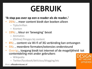 GEBRUIK‘Ik stap pas over op een e-reader als de reader..’25%:.. meer content biedt dan boeken alleenTijdschriftenKranten19%: .. kleur en ‘beweging’ bevatAnimaties(Online) filmpjes bij content8%: .. content via Wi-fi of 3G verbinding kan ontvangen5%: .. meerdere formaten/extensies ondersteundOverig:.. toegang biedt tot internet of de mogelijkheid  tot contentdeling met ander gebruikersWikipediaTwitter/facebook/delicious/blogging/etcBron: eReadernieuws.nl 