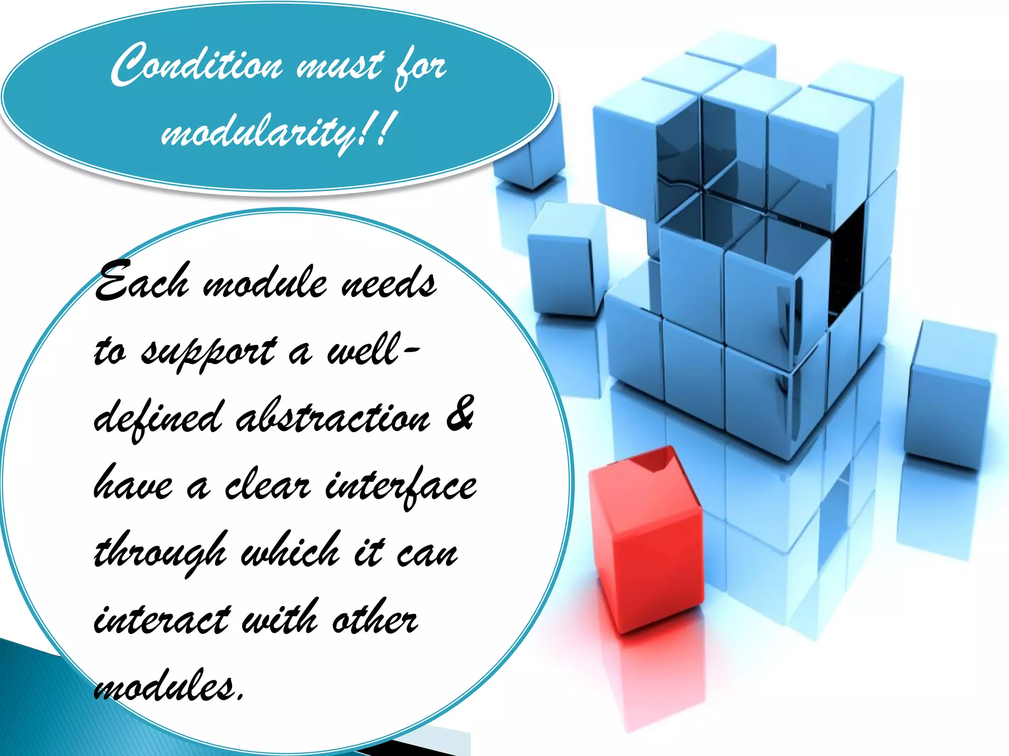Condition must for
  modularity!!

Each module needs
to support a well-
defined abstraction &
have a clear interface
through which it can
interact with other
modules.
 
