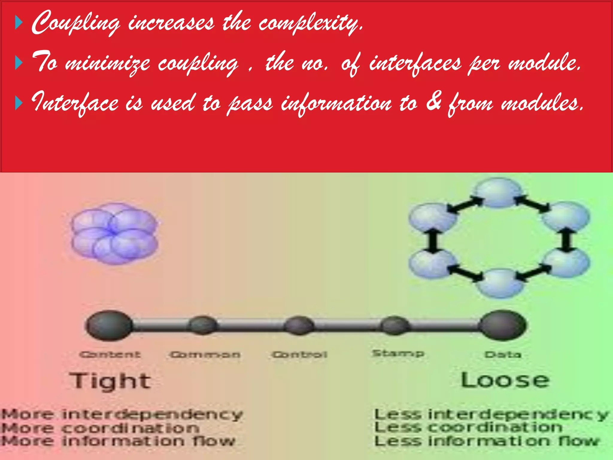  Coupling  increases the complexity.
 To minimize coupling , the no. of interfaces per module.
 Interface is used to pass information to & from modules.
 