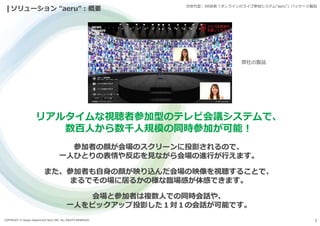 COPYRIGHT © Design Department Store INC. ALL RIGHTS RESERVED. 2
ソリューション “aeru”:概要
リアルタイムな視聴者参加型のテレビ会議システムで、
数百人から数千人規模の同時参加が可能!
次世代型:XR技術「オンラインのライブ参加システム“aeru”」パッケージ製品
参加者の顔が会場のスクリーンに投影されるので、
一人ひとりの表情や反応を見ながら会場の進行が行えます。
また、参加者も自身の顔が映り込んだ会場の映像を視聴することで、
まるでその場に居るかの様な臨場感が体感できます。
会場と参加者は複数人での同時会話や、
一人をピックアップ投影した１対１の会話が可能です。
弊社の製品
 