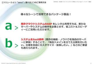 COPYRIGHT © Design Department Store INC. ALL RIGHTS RESERVED. 4
ソリューション “aeru”:選べる２つのご提供方法
様々なシーンで活用できるパッケージ製品!
次世代型:XR技術「オンラインのライブ参加システム“aeru”」パッケージ製品
＞
既存クラウドシステムのASP をレンタル利用すれば、新たな
サーバーやシステムの制作を必要とせず、低コスト＆スピーデ
ィーにご活用いただけます。
＞
システムをSaaS提供（既存の機能・ノウハウを独自のサーバ
ーに移築）することで、「独自ドメインを立てた公開を行いた
い。仕様を自由にカスタマイズ・拡張したい。」などのご要望
も適えられます。
 