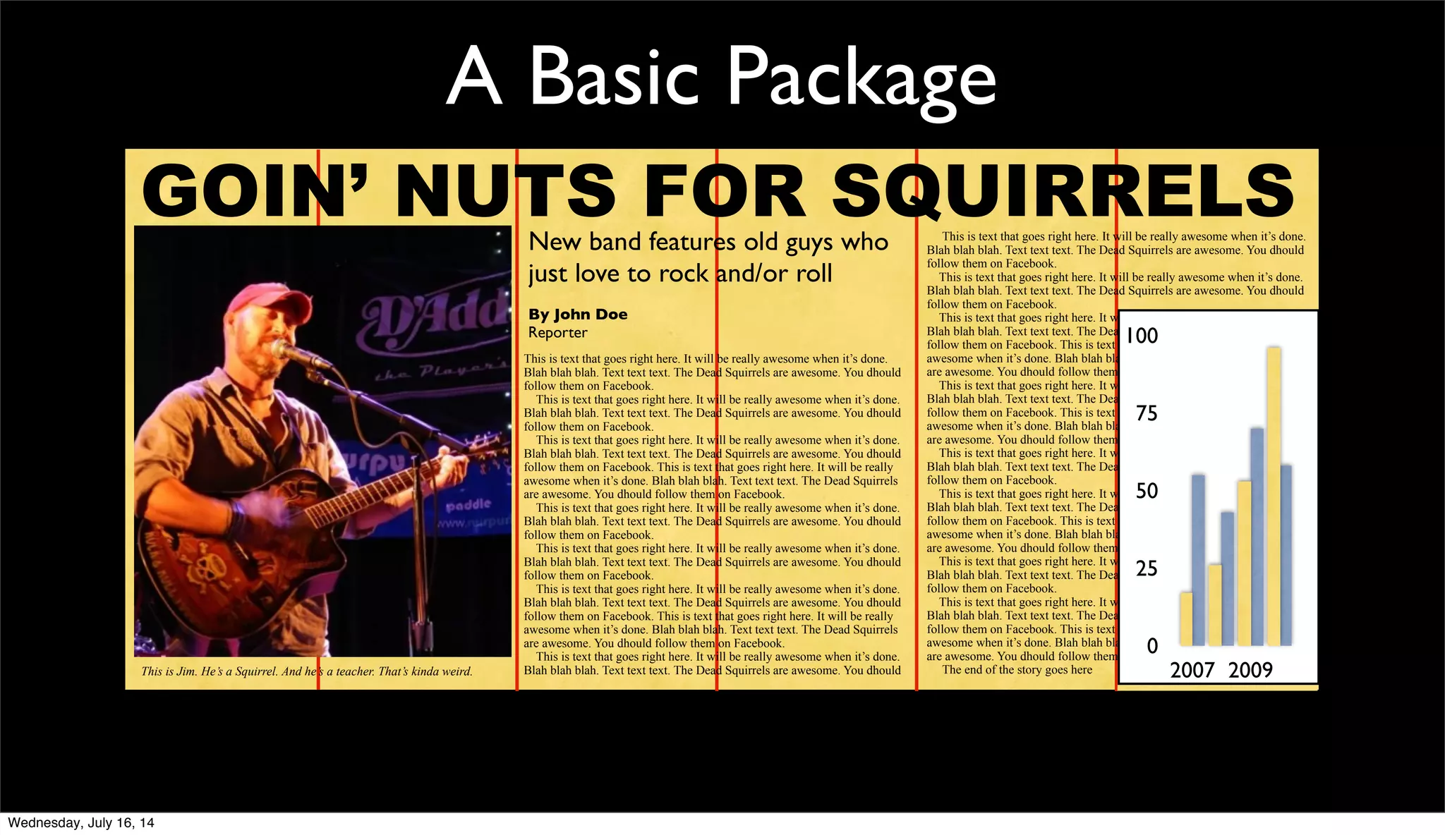 A Basic Package
GOIN’ NUTS FOR SQUIRRELSNew band features old guys who
just love to rock and/or roll
By John Doe
Reporter
This is text that goes right here. It will be really awesome when it’s done.
Blah blah blah. Text text text. The Dead Squirrels are awesome. You dhould
follow them on Facebook.
This is text that goes right here. It will be really awesome when it’s done.
Blah blah blah. Text text text. The Dead Squirrels are awesome. You dhould
follow them on Facebook.
This is text that goes right here. It will be really awesome when it’s done.
Blah blah blah. Text text text. The Dead Squirrels are awesome. You dhould
follow them on Facebook. This is text that goes right here. It will be really
awesome when it’s done. Blah blah blah. Text text text. The Dead Squirrels
are awesome. You dhould follow them on Facebook.
This is text that goes right here. It will be really awesome when it’s done.
Blah blah blah. Text text text. The Dead Squirrels are awesome. You dhould
follow them on Facebook.
This is text that goes right here. It will be really awesome when it’s done.
Blah blah blah. Text text text. The Dead Squirrels are awesome. You dhould
follow them on Facebook.
This is text that goes right here. It will be really awesome when it’s done.
Blah blah blah. Text text text. The Dead Squirrels are awesome. You dhould
follow them on Facebook. This is text that goes right here. It will be really
awesome when it’s done. Blah blah blah. Text text text. The Dead Squirrels
are awesome. You dhould follow them on Facebook.
This is text that goes right here. It will be really awesome when it’s done.
Blah blah blah. Text text text. The Dead Squirrels are awesome. You dhould
This is text that goes right here. It will be really awesome when it’s done.
Blah blah blah. Text text text. The Dead Squirrels are awesome. You dhould
follow them on Facebook.
This is text that goes right here. It will be really awesome when it’s done.
Blah blah blah. Text text text. The Dead Squirrels are awesome. You dhould
follow them on Facebook.
This is text that goes right here. It will be really awesome when it’s done.
Blah blah blah. Text text text. The Dead Squirrels are awesome. You dhould
follow them on Facebook. This is text that goes right here. It will be really
awesome when it’s done. Blah blah blah. Text text text. The Dead Squirrels
are awesome. You dhould follow them on Facebook.
This is text that goes right here. It will be really awesome when it’s done.
Blah blah blah. Text text text. The Dead Squirrels are awesome. You dhould
follow them on Facebook. This is text that goes right here. It will be really
awesome when it’s done. Blah blah blah. Text text text. The Dead Squirrels
are awesome. You dhould follow them on Facebook.
This is text that goes right here. It will be really awesome when it’s done.
Blah blah blah. Text text text. The Dead Squirrels are awesome. You dhould
follow them on Facebook.
This is text that goes right here. It will be really awesome when it’s done.
Blah blah blah. Text text text. The Dead Squirrels are awesome. You dhould
follow them on Facebook. This is text that goes right here. It will be really
awesome when it’s done. Blah blah blah. Text text text. The Dead Squirrels
are awesome. You dhould follow them on Facebook.
This is text that goes right here. It will be really awesome when it’s done.
Blah blah blah. Text text text. The Dead Squirrels are awesome. You dhould
follow them on Facebook.
This is text that goes right here. It will be really awesome when it’s done.
Blah blah blah. Text text text. The Dead Squirrels are awesome. You dhould
follow them on Facebook. This is text that goes right here. It will be really
awesome when it’s done. Blah blah blah. Text text text. The Dead Squirrels
are awesome. You dhould follow them on Facebook.
The end of the story goes hereThis is Jim. He’s a Squirrel. And he’s a teacher. That’s kinda weird.
0
25
50
75
100
2007 2009
Wednesday, July 16, 14
 