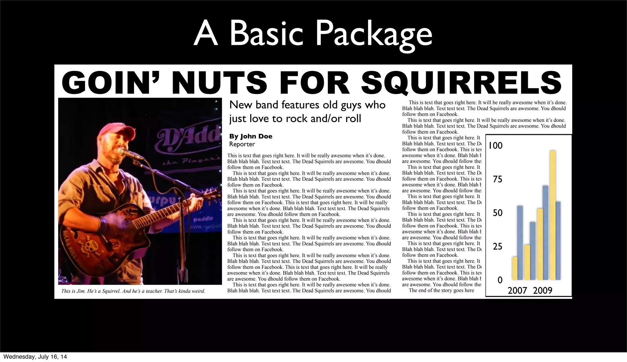 A Basic Package
GOIN’ NUTS FOR SQUIRRELSNew band features old guys who
just love to rock and/or roll
By John Doe
Reporter
This is text that goes right here. It will be really awesome when it’s done.
Blah blah blah. Text text text. The Dead Squirrels are awesome. You dhould
follow them on Facebook.
This is text that goes right here. It will be really awesome when it’s done.
Blah blah blah. Text text text. The Dead Squirrels are awesome. You dhould
follow them on Facebook.
This is text that goes right here. It will be really awesome when it’s done.
Blah blah blah. Text text text. The Dead Squirrels are awesome. You dhould
follow them on Facebook. This is text that goes right here. It will be really
awesome when it’s done. Blah blah blah. Text text text. The Dead Squirrels
are awesome. You dhould follow them on Facebook.
This is text that goes right here. It will be really awesome when it’s done.
Blah blah blah. Text text text. The Dead Squirrels are awesome. You dhould
follow them on Facebook.
This is text that goes right here. It will be really awesome when it’s done.
Blah blah blah. Text text text. The Dead Squirrels are awesome. You dhould
follow them on Facebook.
This is text that goes right here. It will be really awesome when it’s done.
Blah blah blah. Text text text. The Dead Squirrels are awesome. You dhould
follow them on Facebook. This is text that goes right here. It will be really
awesome when it’s done. Blah blah blah. Text text text. The Dead Squirrels
are awesome. You dhould follow them on Facebook.
This is text that goes right here. It will be really awesome when it’s done.
Blah blah blah. Text text text. The Dead Squirrels are awesome. You dhould
This is text that goes right here. It will be really awesome when it’s done.
Blah blah blah. Text text text. The Dead Squirrels are awesome. You dhould
follow them on Facebook.
This is text that goes right here. It will be really awesome when it’s done.
Blah blah blah. Text text text. The Dead Squirrels are awesome. You dhould
follow them on Facebook.
This is text that goes right here. It will be really awesome when it’s done.
Blah blah blah. Text text text. The Dead Squirrels are awesome. You dhould
follow them on Facebook. This is text that goes right here. It will be really
awesome when it’s done. Blah blah blah. Text text text. The Dead Squirrels
are awesome. You dhould follow them on Facebook.
This is text that goes right here. It will be really awesome when it’s done.
Blah blah blah. Text text text. The Dead Squirrels are awesome. You dhould
follow them on Facebook. This is text that goes right here. It will be really
awesome when it’s done. Blah blah blah. Text text text. The Dead Squirrels
are awesome. You dhould follow them on Facebook.
This is text that goes right here. It will be really awesome when it’s done.
Blah blah blah. Text text text. The Dead Squirrels are awesome. You dhould
follow them on Facebook.
This is text that goes right here. It will be really awesome when it’s done.
Blah blah blah. Text text text. The Dead Squirrels are awesome. You dhould
follow them on Facebook. This is text that goes right here. It will be really
awesome when it’s done. Blah blah blah. Text text text. The Dead Squirrels
are awesome. You dhould follow them on Facebook.
This is text that goes right here. It will be really awesome when it’s done.
Blah blah blah. Text text text. The Dead Squirrels are awesome. You dhould
follow them on Facebook.
This is text that goes right here. It will be really awesome when it’s done.
Blah blah blah. Text text text. The Dead Squirrels are awesome. You dhould
follow them on Facebook. This is text that goes right here. It will be really
awesome when it’s done. Blah blah blah. Text text text. The Dead Squirrels
are awesome. You dhould follow them on Facebook.
The end of the story goes hereThis is Jim. He’s a Squirrel. And he’s a teacher. That’s kinda weird.
0
25
50
75
100
2007 2009
Wednesday, July 16, 14
 