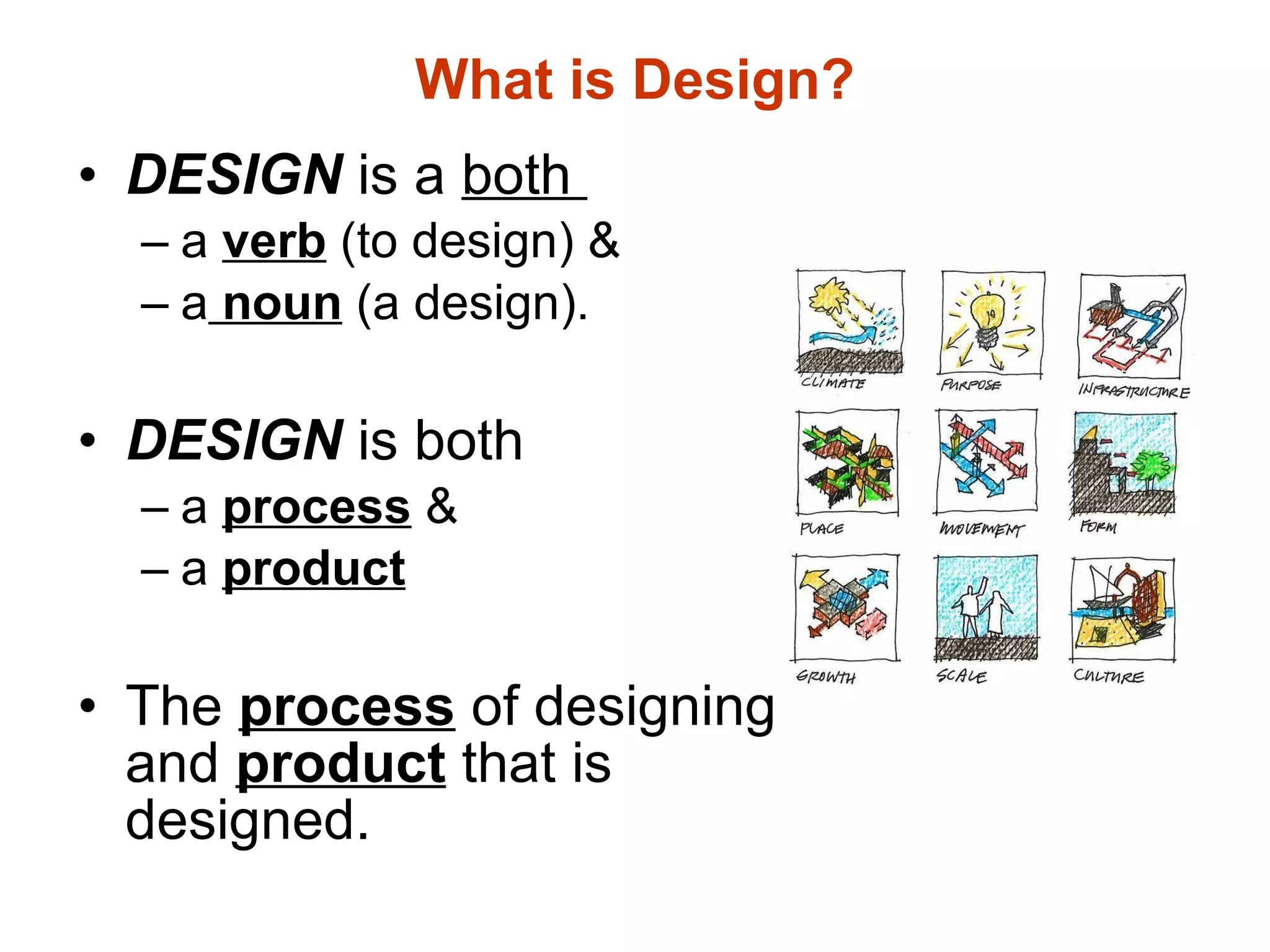 What is Design? DESIGN  is a  both  a  verb  (to design) &  a   noun  (a design). DESIGN  is both a  process  & a  product The  process  of designing and  product  that is designed. 