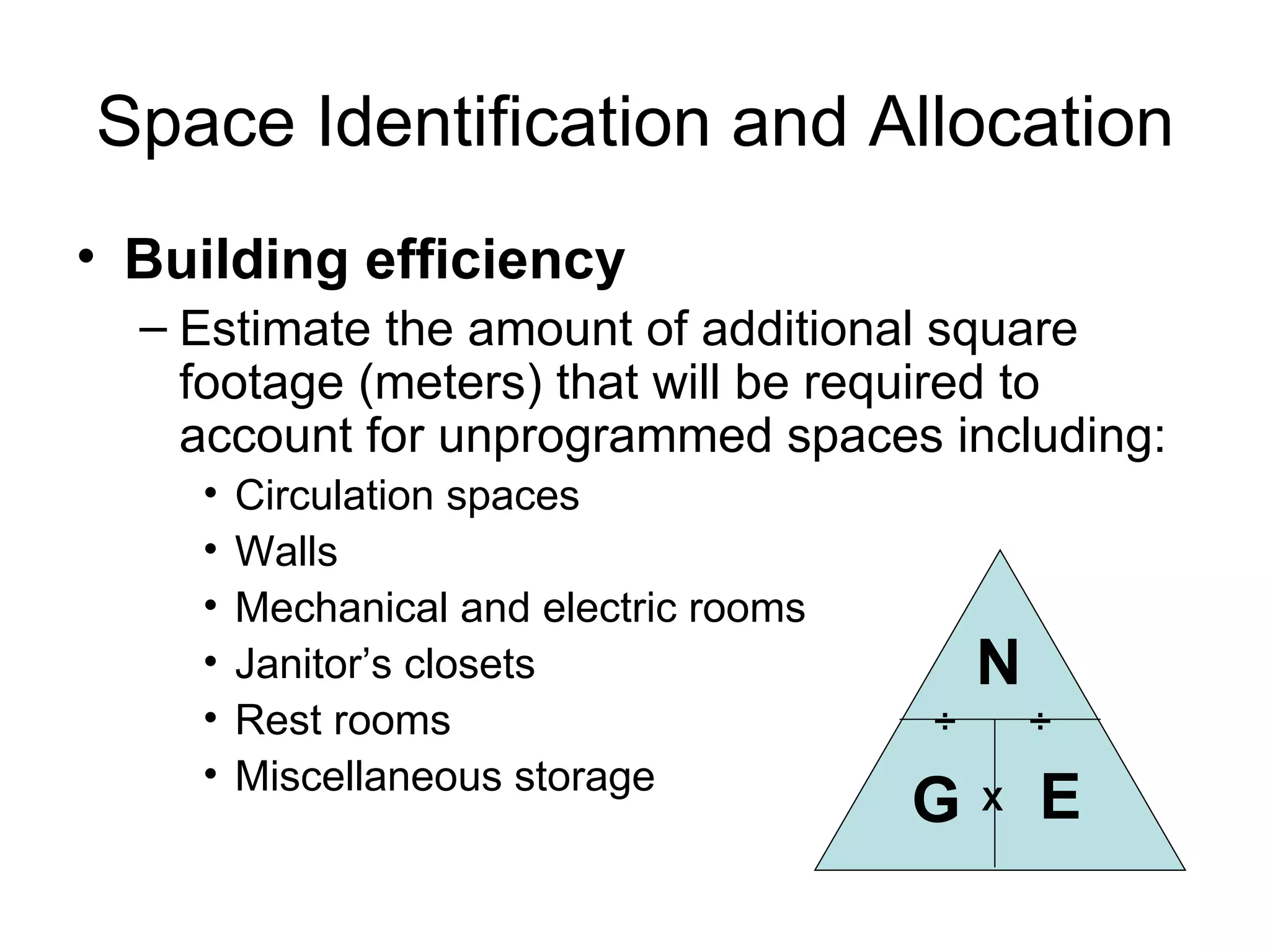 Space Identification and Allocation Building efficiency Estimate the amount of additional square footage (meters) that will be required to account for unprogrammed spaces including: Circulation spaces Walls Mechanical and electric rooms Janitor’s closets Rest rooms Miscellaneous storage N G E X ÷ ÷ 
