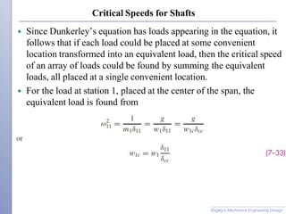 Critical Speeds for Shafts
 Since Dunkerley’s equation has loads appearing in the equation, it
follows that if each load could be placed at some convenient
location transformed into an equivalent load, then the critical speed
of an array of loads could be found by summing the equivalent
loads, all placed at a single convenient location.
 For the load at station 1, placed at the center of the span, the
equivalent load is found from
Shigley’s Mechanical Engineering Design
 