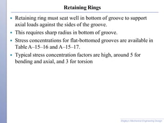 Retaining Rings
 Retaining ring must seat well in bottom of groove to support
axial loads against the sides of the groove.
 This requires sharp radius in bottom of groove.
 Stress concentrations for flat-bottomed grooves are available in
TableA–15–16 and A–15–17.
 Typical stress concentration factors are high, around 5 for
bending and axial, and 3 for torsion
Shigley’s Mechanical Engineering Design
 