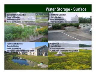 Water Storage - Surface
Bioretention (rain garden)               Traditional Detention
•Good infiltration                       •No infiltration
•Poor evaporation                        •Poor evaporation
•Good plant uptake and transpiration     •Poor plant uptake and transpiration




Traditional Retention                    Green Roof
•Poor infiltration                       •No infiltration
•Good evaporation                        •Good evaporation
•Poor plant uptake and transpiration     •Good plant uptake and transpiration




                                                                                 10
                                                                                10
 