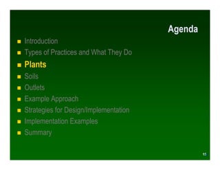 Agenda
Introduction
Types of Practices and What They Do
Plants
Soils
Outlets
Example Approach
Strategies for Design/Implementation
Implementation Examples
Summary

                                                 15
                                                15
 
