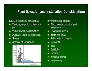 Plant Selection and Installation Considerations

Site Conditions to Investigate    Environmental Threats
   Texture, organic content and     Flood depth, duration and
   pH                               frequency
   Water levels, soil moisture      Low water levels
   Adjacent plant communities       Sediment loads
   Slopes                           Pollutants and toxins
   Amount of sun/shade              Nutrients
                                    Salt
                                    Turbidity
                                    Erosion
                                    Invasive plants
                                    Herbivores
                                                                17
 