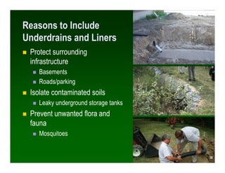 Reasons to Include
Underdrains and Liners
 Protect surrounding
 infrastructure
    Basements
    Roads/parking
 Isolate contaminated soils
    Leaky underground storage tanks
 Prevent unwanted flora and
 fauna
    Mosquitoes


                                       38
                                      38
 