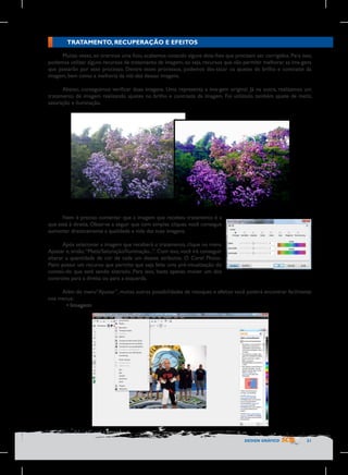 TRATAMENTO, RECUPERAÇÃO E EFEITOS
Muitas vezes, ao tirarmos uma foto, acabamos notando alguns deta-lhes que precisam ser corrigidos. Para isso,
podemos utilizar alguns recursos de tratamento de imagem, ou seja, recursos que vão permitir melhorar as ima-gens
que passarão por esse processo. Dentre esses processos, podemos des-tacar os ajustes de brilho e contraste da
imagem, bem como a melhoria da niti-dez dessas imagens.
Abaixo, conseguimos verificar duas imagens. Uma representa a ima-gem original. Já na outra, realizamos um
tratamento de imagem realizando ajustes no brilho e contraste da imagem. Foi utilizado também ajuste de matiz,
saturação e iluminação.

Nem é preciso comentar que a imagem que recebeu tratamento é a
que está à direita. Observe a seguir que com simples cliques você consegue
aumentar drasticamente a qualidade e vida das suas imagens.
Após selecionar a imagem que receberá o tratamento, clique no menu
Ajustar e, então, “Matiz/Saturação/Iluminação...”. Com isso, você irá conseguir
alterar a quantidade de cor de cada um desses atributos. O Corel PhotoPaint possui um recurso que permite que seja feita uma pré-visualização do
conteú-do que está sendo alterado. Para isso, basta apenas mover um dos
controles para a direita ou para a esquerda.
Além do menu“Ajustar”, muitas outras possibilidades de retoques e efeitos você poderá encontrar facilmente
nos menus:
	 • Imagem

DESIGN GRÁFICO

21

 