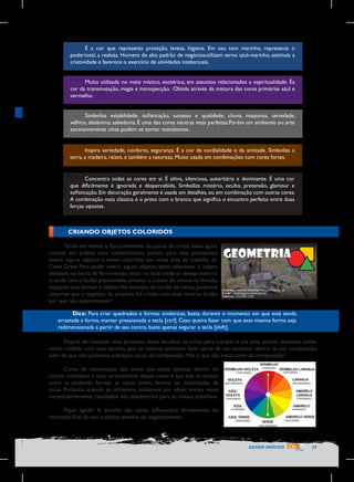 É a cor que representa proteção, leveza, higiene. Em seu tom marinho, representa o
podertotal, a realeza. Homens de alto padrão de negóciosutilizam terno azul-marinho, estimula a
criatividade e favorece o exercício de atividades intelectuais.
Muito utilizada no meio místico, esotérico, em assuntos relacionados a espiritualidade. Éa
cor da transmutação, magia e introspecção. Obtida através da mistura das cores primárias azul e
vermelho.
Simboliza estabilidade, sofisticação, sucesso e qualidade, chuva, máquinas, seriedade,
velhice, desânimo, sabedoria. É uma das cores neutras mais perfeitas.Porém um ambiente ou arte
excessivamente cinza podem se tornar monótonos.
Inspira seriedade, conforto, segurança. É a cor da cordialidade e da amizade. Simboliza a
terra, a madeira, raízes, e também a natureza. Muito usada em combinações com cores fortes.

Concentra todas as cores em si. É altiva, silenciosa, autoritária e dominante. É uma cor
que dificilmente é ignorada e despercebida. Simboliza mistério, oculto, pretensão, glamour e
sofisticação. Em decoração geralmente é usada em detalhes, ou em combinação com outras cores.
A combinação mais clássica é o preto com o branco que significa o encontro perfeito entre duas
forças opostas.

CRIANDO OBJETOS COLORIDOS
Tendo em mente o funcionamento da paleta de cores, basta agora
colocar em prática esse conhecimento, porém, para isso, precisamos
inserir alguns objetos a serem coloridos em nossa área de trabalho do
Corel Draw. Para poder inserir alguns objetos, basta selecionar o objeto
desejado na barra de ferramentas, clicar no local onde se deseja inseri-lo
e, ainda com o botão pressionado, arrastar o cursor do mouse na direção
desejada para formar o objeto. No exemplo do cartão de visitas, podemos
observar que o logotipo da empresa foi criado, com esse recurso. Então,
por que não experimentar?
Dica: Para criar quadrados e formas simétricas, basta, durante o momento em que está senda
arrastada a forma, manter pressionada a tecla [ctrl]. Caso queira fazer com que essa mesma forma seja
redimensionada a partir de seu centro, basta apenas segurar a tecla [shift].
Depois de realizado esse processo, basta escolher as cores para compor a sua arte, porém, devemos tomar
muito cuidado com essa escolha, pois as mesmas precisam fazer parte de um contexto dentro da sua composição,
além de que não podemos sobrepor cores de composição. Mas o que são essas cores de composição?
Cores de composição são cores que estão opostas dentro do
círculo cromático e uma característica dessas cores é que elas se anulam
entre si, podendo formar as cores preto, branco ou tonalidades de
cinza. Portanto, quando as utilizamos, acabamos por obter, muitas vezes
inconscientemente, resultados não satisfatórios para os nossos trabalhos.
Fique ligado! A escolha das cores influenciará diretamente do
resultado final do seu trabalho, positiva ou negativamente.

DESIGN GRÁFICO

35

 