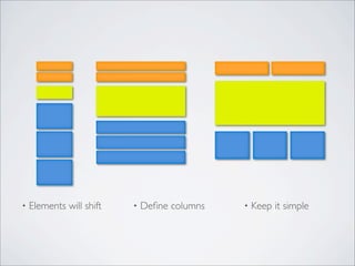 • Elements will shift • Deﬁne columns • Keep it simple
 