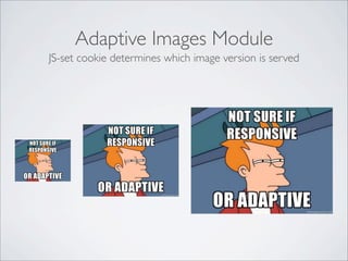 Adaptive Images Module
JS-set cookie determines which image version is served
 