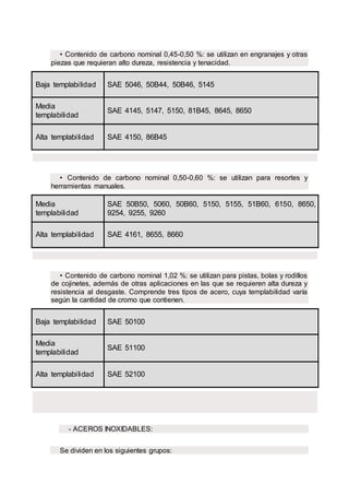 • Contenido de carbono nominal 0,45-0,50 %: se utilizan en engranajes y otras
piezas que requieran alto dureza, resistencia y tenacidad.
Baja templabilidad SAE 5046, 50B44, 50B46, 5145
Media
templabilidad
SAE 4145, 5147, 5150, 81B45, 8645, 8650
Alta templabilidad SAE 4150, 86B45
• Contenido de carbono nominal 0,50-0,60 %: se utilizan para resortes y
herramientas manuales.
Media
templabilidad
SAE 50B50, 5060, 50B60, 5150, 5155, 51B60, 6150, 8650,
9254, 9255, 9260
Alta templabilidad SAE 4161, 8655, 8660
• Contenido de carbono nominal 1,02 %: se utilizan para pistas, bolas y rodillos
de cojinetes, además de otras aplicaciones en las que se requieren alta dureza y
resistencia al desgaste. Comprende tres tipos de acero, cuya templabilidad varía
según la cantidad de cromo que contienen.
Baja templabilidad SAE 50100
Media
templabilidad
SAE 51100
Alta templabilidad SAE 52100
- ACEROS INOXIDABLES:
Se dividen en los siguientes grupos:
 