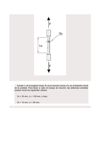 Donde L0 es la longitud inicial, S0 es la sección inicial y D0 es el diámetro inicial
de la probeta. Para llevar a cabo el ensayo de tracción, las anteriores variables
pueden tomar los siguientes valores:
D0 = 20 mm, L0 = 100 mm, o bien,
D0 = 10 mm, L0 = 50 mm.
 