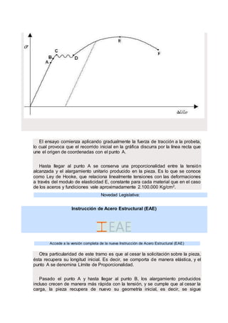 El ensayo comienza aplicando gradualmente la fuerza de tracción a la probeta,
lo cual provoca que el recorrido inicial en la gráfica discurra por la línea recta que
une el origen de coordenadas con el punto A.
Hasta llegar al punto A se conserva una proporcionalidad entre la tensión
alcanzada y el alargamiento unitario producido en la pieza. Es lo que se conoce
como Ley de Hooke, que relaciona linealmente tensiones con las deformaciones
a través del modulo de elasticidad E, constante para cada material que en el caso
de los aceros y fundiciones vale aproximadamente 2.100.000 Kg/cm2.
Novedad Legislativa:
Instrucción de Acero Estructural (EAE)
.
Accede a la versión completa de la nueva Instrucción de Acero Estructural (EAE)
Otra particularidad de este tramo es que al cesar la solicitación sobre la pieza,
ésta recupera su longitud inicial. Es decir, se comporta de manera elástica, y el
punto A se denomina Límite de Proporcionalidad.
Pasado el punto A y hasta llegar al punto B, los alargamiento producidos
incluso crecen de manera más rápida con la tensión, y se cumple que al cesar la
carga, la pieza recupera de nuevo su geometría inicial, es decir, se sigue
 
