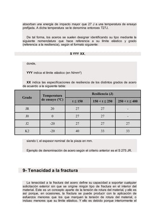 absorban una energía de impacto mayor que 27 J a una temperatura de ensayo
prefijada. A dicha temperatura se le denomina entonces T27J.
De tal forma, los aceros se suelen designar identificando su tipo mediante la
siguiente nomenclatura que hace referencia a su límite elástico y grado
(referencia a la resiliencia), según el formato siguiente:
S YYY XX,
donde,
YYY indica el límite elástico (en N/mm2)
XX indica las especificaciones de resiliencia de los distintos grados de acero
de acuerdo a la siguiente tabla:
Grado
Temperatura
de ensayo (ºC)
Resiliencia (J)
t ≤ 150 150 < t ≤ 250 250 < t ≤ 400
JR 20 27 27 -
J0 0 27 27 -
J2 -20 27 27 27
K2 -20 40 33 33
siendo t, el espesor nominal de la pieza en mm.
Ejemplo de denominación de acero según el criterio anterior es el S 275 JR.
9- Tenacidad a la fractura
La tenacidad a la fractura del acero define su capacidad a soportar cualquier
solicitación exterior sin que se origine ningún tipo de fractura en el interior del
material. Este es un concepto aparte de la tensión de rotura del material, y ello es
así porque, en ocasiones, la fractura se puede producir con la aplicación de
esfuerzos menores que los que marquen la tensión de rotura del material, o
incluso menores que su límite elástico. Y ello es debido porque interiormente el
 