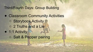 Third/Fourth Days: Group Building
● Classroom Community Activities
○ Storybook Activity
○ 2 Truths and a Lie
● 1:1 Activity
○ Salt & Pepper pairing
 