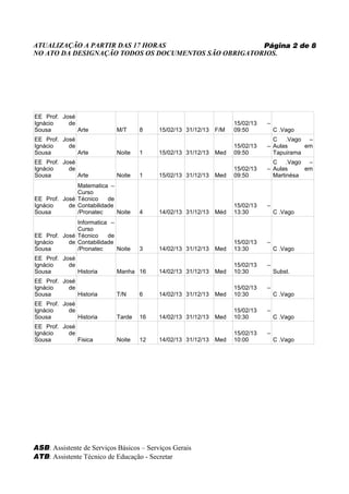 ATUALIZAÇÃO A PARTIR DAS 17 HORAS                     Página 2 de 8
NO ATO DA DESIGNAÇÃO TODOS OS DOCUMENTOS SÃO OBRIGATORIOS.




EE Prof. José
Ignácio    de                                                       15/02/13   –
Sousa         Arte          M/T     8     15/02/13 31/12/13   F/M   09:50          C .Vago
EE Prof. José                                                                    C .Vago –
Ignácio    de                                                       15/02/13   – Aulas     em
Sousa         Arte          Noite   1     15/02/13 31/12/13   Med   09:50        Tapuirama
EE Prof. José                                                                    C .Vago –
Ignácio    de                                                       15/02/13   – Aulas     em
Sousa         Arte          Noite   1     15/02/13 31/12/13   Med   09:50        Martinésa
              Matematica –
              Curso
EE Prof. José Técnico    de
Ignácio    de Contabilidade                                         15/02/13   –
Sousa         /Pronatec     Noite   4     14/02/13 31/12/13   Méd   13:30          C .Vago
              Informatica –
              Curso
EE Prof. José Técnico    de
Ignácio    de Contabilidade                                         15/02/13   –
Sousa         /Pronatec     Noite   3     14/02/13 31/12/13   Med   13:30          C .Vago
EE Prof. José
Ignácio    de                                                       15/02/13   –
Sousa         Historia      Manha 16      14/02/13 31/12/13   Med   10:30          Subst.
EE Prof. José
Ignácio    de                                                       15/02/13   –
Sousa         Historia      T/N     6     14/02/13 31/12/13   Med   10:30          C .Vago
EE Prof. José
Ignácio    de                                                       15/02/13   –
Sousa         Historia      Tarde   16    14/02/13 31/12/13   Med   10:30          C .Vago
EE Prof. José
Ignácio    de                                                       15/02/13   –
Sousa         Fisica        Noite   12    14/02/13 31/12/13   Med   10:00          C .Vago




ASB: Assistente de Serviços Básicos – Serviços Gerais
ATB: Assistente Técnico de Educação - Secretar
 