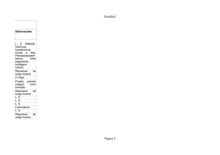 Planilha2



Observações



L. S. SIMADE,
matricula,
transferencia,
outros e dep.
Pessoal(aposent
adoria,      folha
pagamento,
contagem,
outros)
Reposicao       de
carga horaria
C.Vago
Projeto periodo
integral,    inicio
imediato
Reposicao       de
carga horaria
L. S.
L. S.
L. S.
Licenciatura
L. S.
Reposicao       de
carga horaria




                      Página 5
 