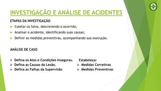 INVESTIGAÇÃO E ANÁLISE DE ACIDENTES
ETAPAS DA INVESTIGAÇÃO
 Coletar os fatos, descrevendo o ocorrido;
 Analisar o acidente, identificando suas causas;
 Definir as medidas preventivas, acompanhando sua execução.
ANÁLISE DE CASO
 Defina os Atos e Condições Inseguras.
 Defina as Causas da Lesão.
 Defina as Falhas da Supervisão
Estabeleça:
 Medidas Corretivas
 Medidas Preventivas
 