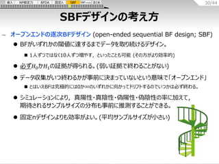 30/44
導入 NP検定力 BFDA まとめ
固定n SBF SBF+maxN
SBFデザインの考え方
– オープンエンドの逐次BFデザイン (open-ended sequential BF design; SBF)
⚫ BFがいずれかの閾...