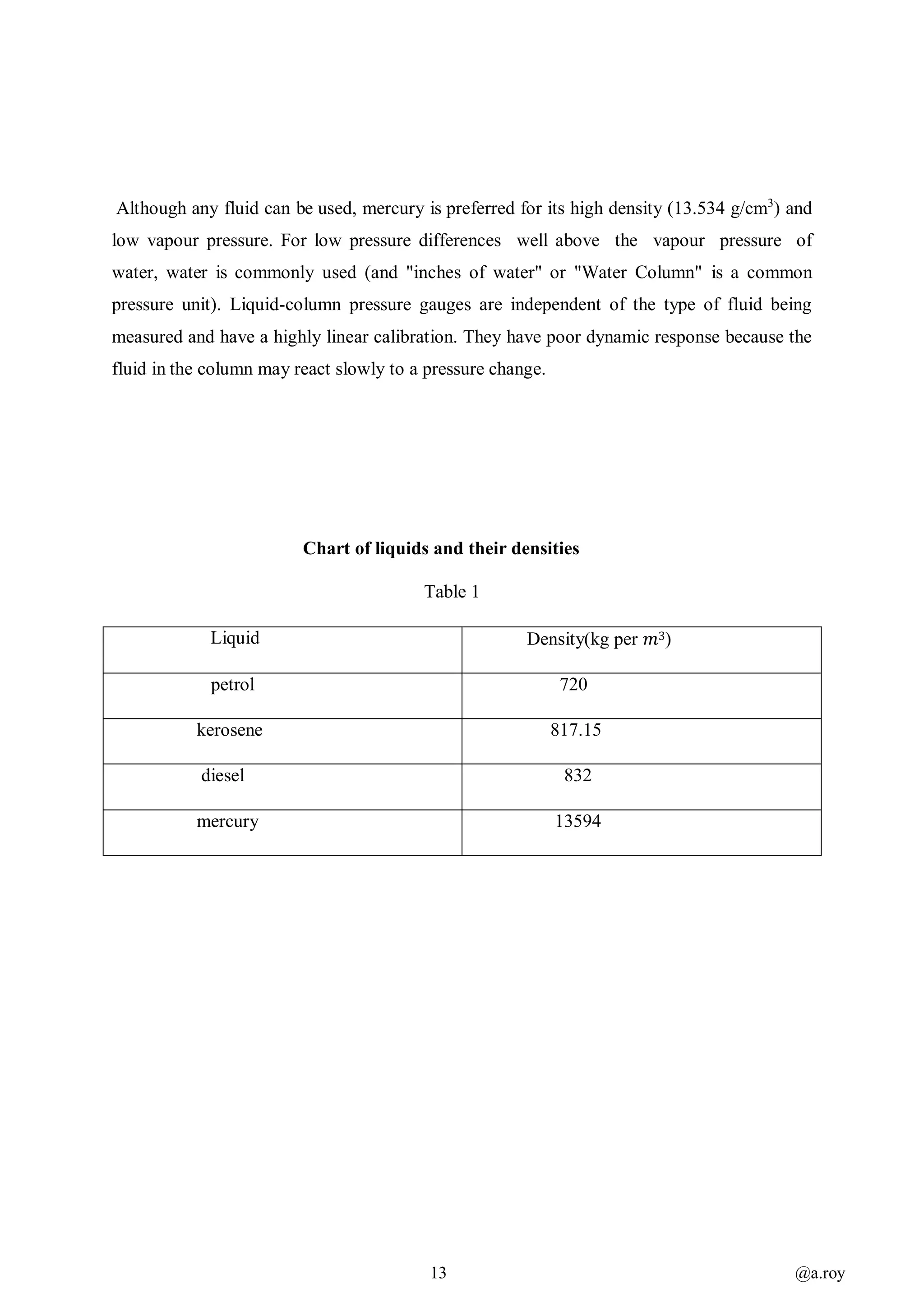 13 @a.roy
Although any fluid can be used, mercury is preferred for its high density (13.534 g/cm3
) and
low vapour pressure. For low pressure differences well above the vapour pressure of
water, water is commonly used (and "inches of water" or "Water Column" is a common
pressure unit). Liquid-column pressure gauges are independent of the type of fluid being
measured and have a highly linear calibration. They have poor dynamic response because the
fluid in the column may react slowly to a pressure change.
Chart of liquids and their densities
Table 1
Liquid Density(kg per 𝑚3)
petrol 720
kerosene 817.15
diesel 832
mercury 13594
 