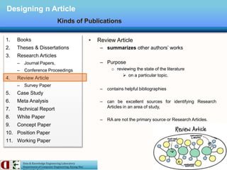 Data & Knowledge Engineering Laboratory
Department of Computer Engineering, Kyung Hee
Designing n Article
Kinds of Publications
1. Books
2. Theses & Dissertations
3. Research Articles
– Journal Papers,
– Conference Proceedings
4. Review Article
– Survey Paper
5. Case Study
6. Meta Analysis
7. Technical Report
8. White Paper
9. Concept Paper
10. Position Paper
11. Working Paper
• Review Article
– summarizes other authors’ works
– Purpose
o reviewing the state of the literature
 on a particular topic.
– contains helpful bibliographies
– can be excellent sources for identifying Research
Articles in an area of study,
– RA are not the primary source or Research Articles.
 