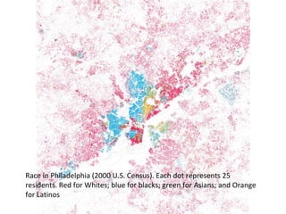 Race in Philadelphia (2000 U.S. Census). Each dot represents 25 
residents. Red for Whites; blue for blacks; green for Asians; and Orange 
for Latinos 
 