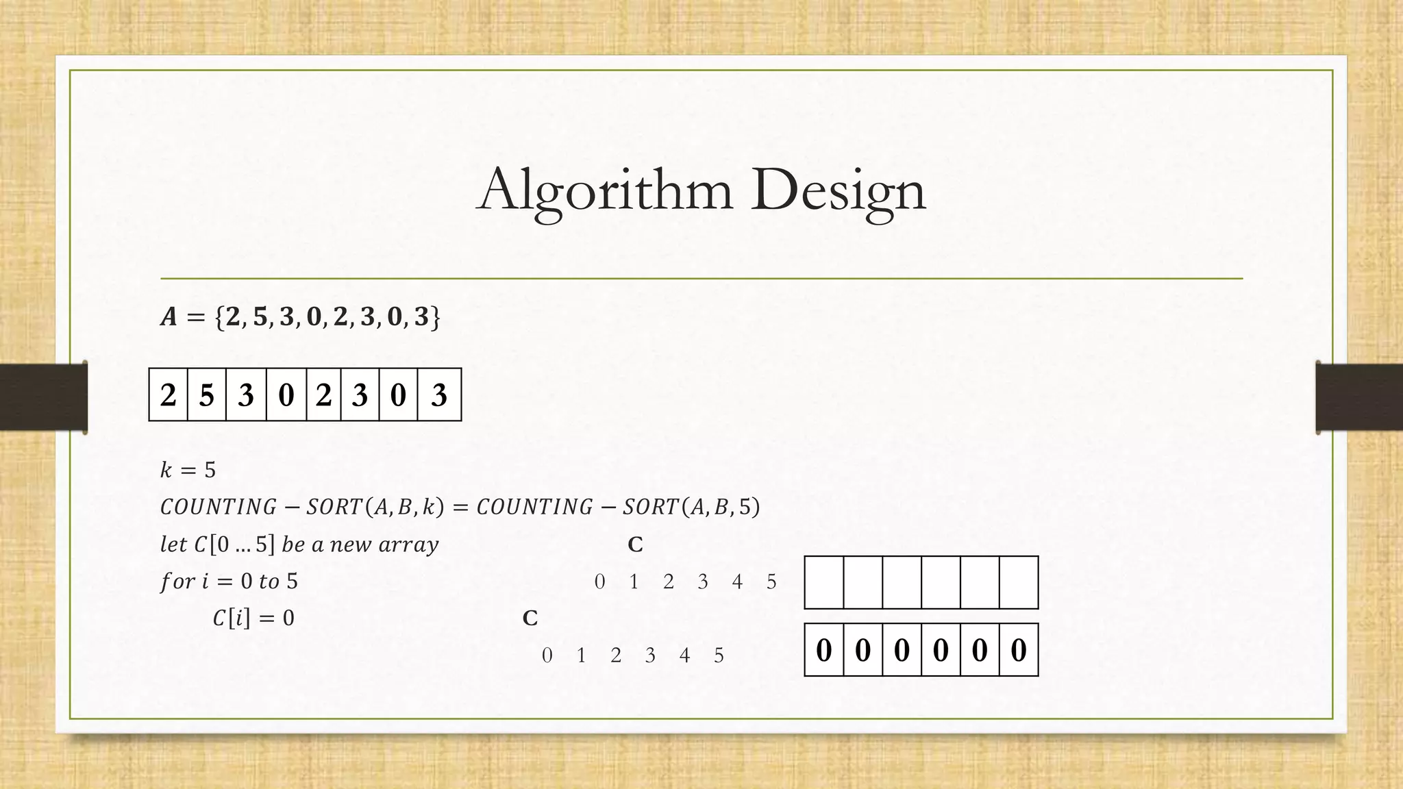Algorithm Design
𝑨 = {𝟐, 𝟓, 𝟑, 𝟎, 𝟐, 𝟑, 𝟎, 𝟑}
𝑘 = 5
𝐶𝑂𝑈𝑁𝑇𝐼𝑁𝐺 − 𝑆𝑂𝑅𝑇 𝐴, 𝐵, 𝑘 = 𝐶𝑂𝑈𝑁𝑇𝐼𝑁𝐺 − 𝑆𝑂𝑅𝑇 𝐴, 𝐵, 5
𝑙𝑒𝑡 𝐶 0 … 5 𝑏𝑒 𝑎 𝑛𝑒𝑤 𝑎𝑟𝑟𝑎𝑦 C
𝑓𝑜𝑟 𝑖 = 0 𝑡𝑜 5 0 1 2 3 4 5
𝐶 𝑖 = 0 C
0 1 2 3 4 5
2 5 3 0 2 3 0 3
0 0 0 0 0 0
 