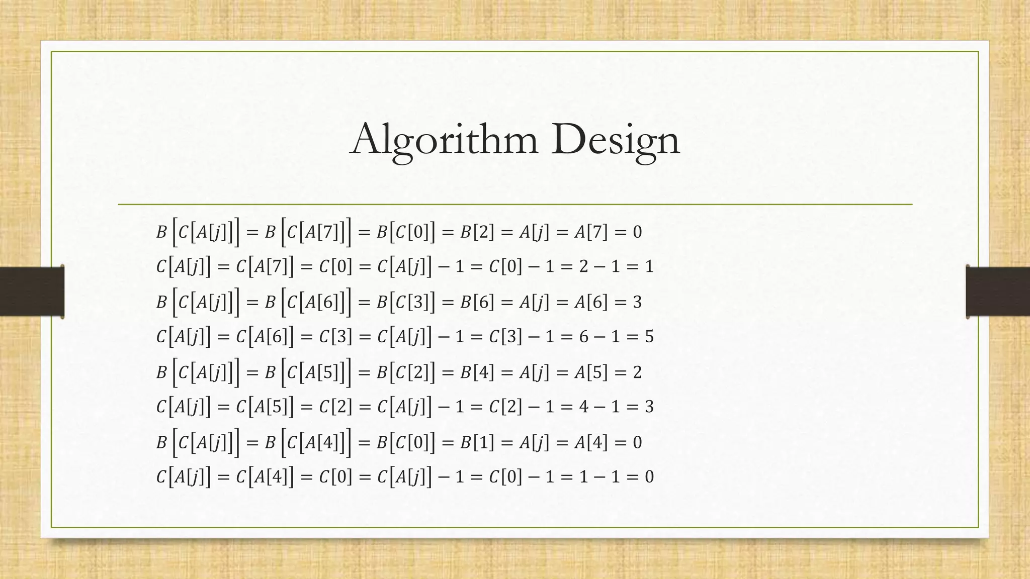 Algorithm Design
𝐵 𝐶 𝐴 𝑗 = 𝐵 𝐶 𝐴 7 = 𝐵 𝐶 0 = 𝐵 2 = 𝐴 𝑗 = 𝐴 7 = 0
𝐶 𝐴 𝑗 = 𝐶 𝐴 7 = 𝐶 0 = 𝐶 𝐴 𝑗 − 1 = 𝐶 0 − 1 = 2 − 1 = 1
𝐵 𝐶 𝐴 𝑗 = 𝐵 𝐶 𝐴 6 = 𝐵 𝐶 3 = 𝐵 6 = 𝐴 𝑗 = 𝐴 6 = 3
𝐶 𝐴 𝑗 = 𝐶 𝐴 6 = 𝐶 3 = 𝐶 𝐴 𝑗 − 1 = 𝐶 3 − 1 = 6 − 1 = 5
𝐵 𝐶 𝐴 𝑗 = 𝐵 𝐶 𝐴 5 = 𝐵 𝐶 2 = 𝐵 4 = 𝐴 𝑗 = 𝐴 5 = 2
𝐶 𝐴 𝑗 = 𝐶 𝐴 5 = 𝐶 2 = 𝐶 𝐴 𝑗 − 1 = 𝐶 2 − 1 = 4 − 1 = 3
𝐵 𝐶 𝐴 𝑗 = 𝐵 𝐶 𝐴 4 = 𝐵 𝐶 0 = 𝐵 1 = 𝐴 𝑗 = 𝐴 4 = 0
𝐶 𝐴 𝑗 = 𝐶 𝐴 4 = 𝐶 0 = 𝐶 𝐴 𝑗 − 1 = 𝐶 0 − 1 = 1 − 1 = 0
 